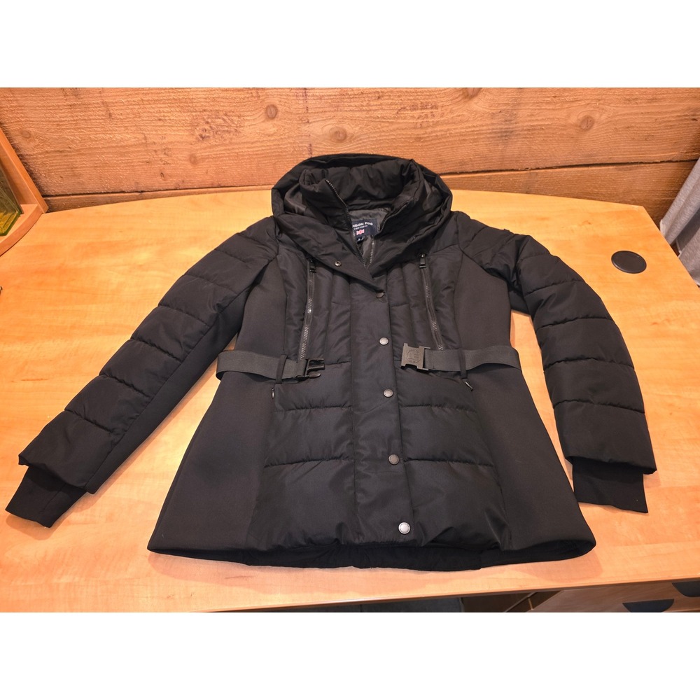 London Fog Womens Black Belted Puffer Jacket Hooded Quilted Coat Large